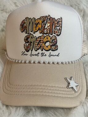 DIY Trucker Hat Tan/White Mesh Snap Back Adjustable Religious Hat Pin & Chain